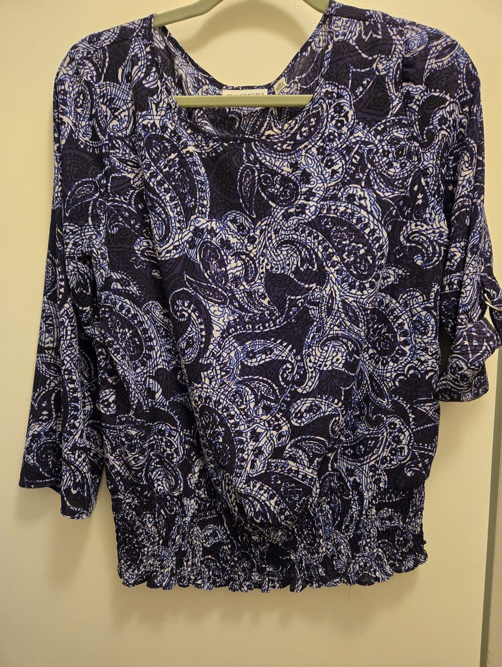 Versona Navy Blue Paisley Chiffon Smocked Waist Blouse Top - Size Medium